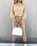Women's Fashion New Sweater Set New High Neck Casual Solid Color Pants Pocket Two Piece S-XXL