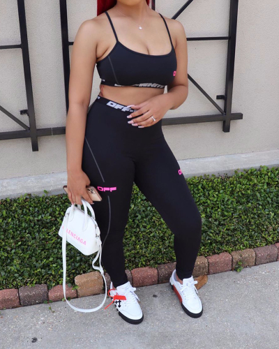 Lady Letter Printing Sporty Sling Two Piece Set Black S-XL 