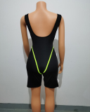 Women Sleeveless O-neck Sexy Flourescent Green Orange Sports Wear Bodysuit Short Sets Two Pieces Outfit S-XL
