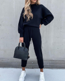 Women's Fashion New Sweater Set New High Neck Casual Solid Color Pants Pocket Two Piece S-XXL