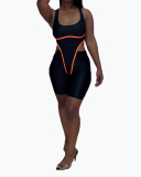 Women Sleeveless O-neck Sexy Flourescent Green Orange Sports Wear Bodysuit Short Sets Two Pieces Outfit S-XL