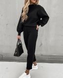 Women's Fashion New Sweater Set New High Neck Casual Solid Color Pants Pocket Two Piece S-XXL