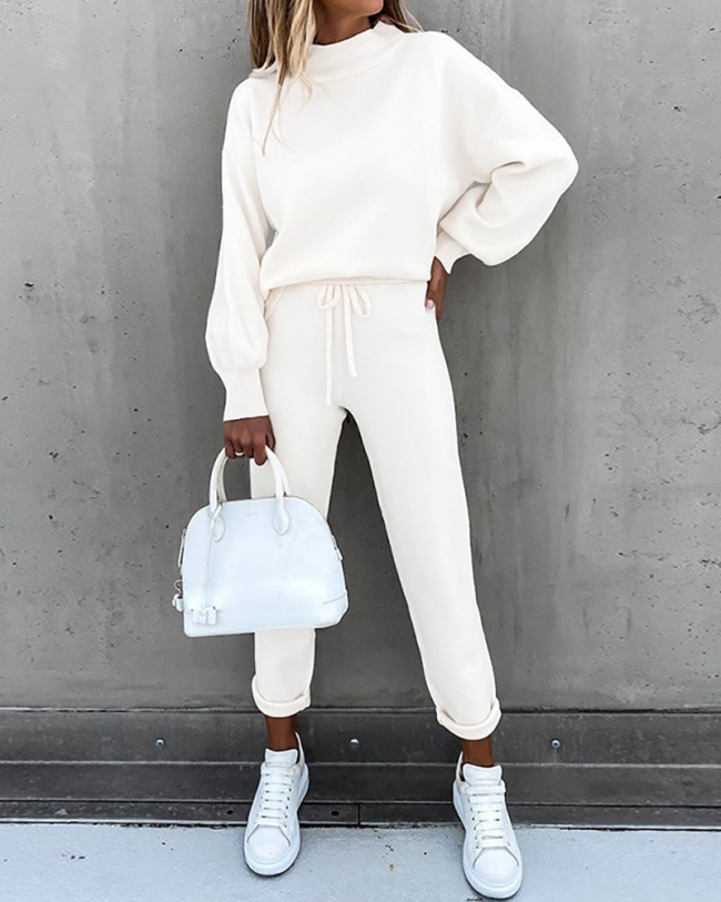 Women's Fashion New Sweater Set New High Neck Casual Solid Color Pants Pocket Two Piece S-XXL