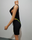 Women Sleeveless O-neck Sexy Flourescent Green Orange Sports Wear Bodysuit Short Sets Two Pieces Outfit S-XL