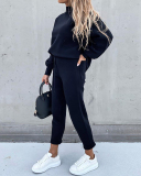 Women's Fashion New Sweater Set New High Neck Casual Solid Color Pants Pocket Two Piece S-XXL