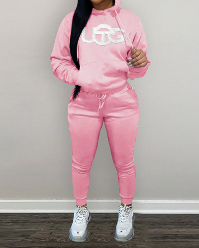 Women Long Sleeve Printed Hoodies Pants Sets Two Pieces Outfit Pink Red Gray Black Brown Khaki S-2XL