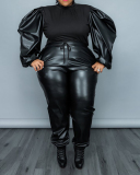 Women Patchwork Long Puff Sleeve Solid Color Plus Size Two Piece Sets Black Army Green Orange XL-5XL