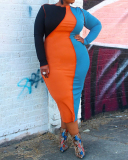 Plus Size Women Long Sleeve Colorblock Spring Sexy Tight Midi Dresses Casual Dresses Green Blue Coffee S-5XL
