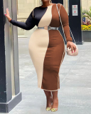 Plus Size Women Long Sleeve Colorblock Spring Sexy Tight Midi Dresses Casual Dresses Green Blue Coffee S-5XL
