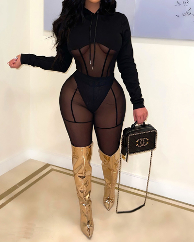 Women Long Sleeve Mesh Pants Sets Two Pieces Outfit White Black Wine Red S-XL