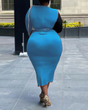 Plus Size Women Long Sleeve Colorblock Spring Sexy Tight Midi Dresses Casual Dresses Green Blue Coffee S-5XL