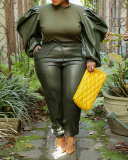 Women Patchwork Long Puff Sleeve Solid Color Plus Size Two Piece Sets Black Army Green Orange XL-5XL