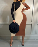 Plus Size Women Long Sleeve Colorblock Spring Sexy Tight Midi Dresses Casual Dresses Green Blue Coffee S-5XL