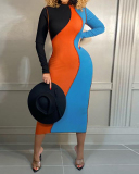 Plus Size Women Long Sleeve Colorblock Spring Sexy Tight Midi Dresses Casual Dresses Green Blue Coffee S-5XL