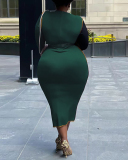 Plus Size Women Long Sleeve Colorblock Spring Sexy Tight Midi Dresses Casual Dresses Green Blue Coffee S-5XL
