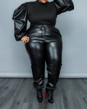 Women Patchwork Long Puff Sleeve Solid Color Plus Size Two Piece Sets Black Army Green Orange XL-5XL
