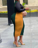 Plus Size Women Long Sleeve Colorblock Spring Sexy Tight Midi Dresses Casual Dresses Green Blue Coffee S-5XL