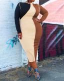 Plus Size Women Long Sleeve Colorblock Spring Sexy Tight Midi Dresses Casual Dresses Green Blue Coffee S-5XL