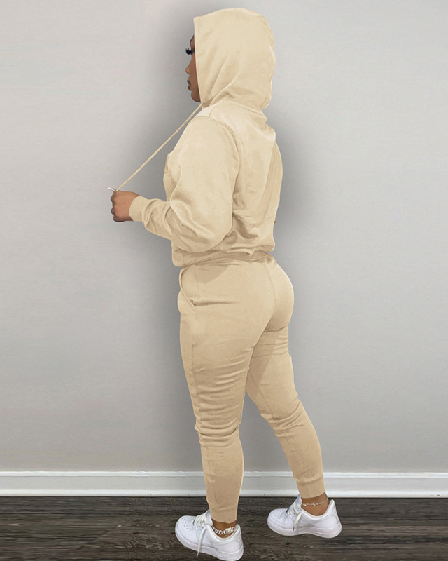 Women Long Sleeve Printed Hoodies Pants Sets Two Pieces Outfit Pink Red Gray Black Brown Khaki S-2XL