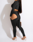 Women Long Sleeve Solid Color Strappy Hollow Out Sexy Pants Sets Two Pieces Outfit Black Coffee Blue S-XL