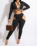 Women Long Sleeve Solid Color Strappy Hollow Out Sexy Pants Sets Two Pieces Outfit Black Coffee Blue S-XL