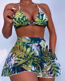 Women Printing Halter Three Piece Swimwear Green White Red S-L 