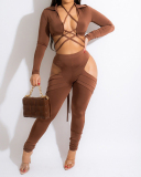 Women Long Sleeve Solid Color Strappy Hollow Out Sexy Pants Sets Two Pieces Outfit Black Coffee Blue S-XL