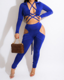 Women Long Sleeve Solid Color Strappy Hollow Out Sexy Pants Sets Two Pieces Outfit Black Coffee Blue S-XL
