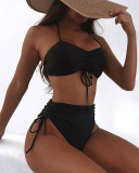 Women Drawstring Solid Color Halter Two Piece Swimwear Black S-L 