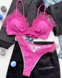 Hot Sale Mesh Rose Red V Shape Thong Two-piece Swimsuit Rose Red S-L