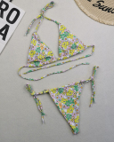 Sexy Halter Neck Florals Solid Colorful Tie Side String Two-piece Swimsuit S-XL