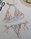 Sexy Halter Neck Florals Solid Colorful Tie Side String Two-piece Swimsuit S-XL