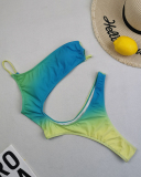 2022 Gradient Hollow Out One Shoulder High Cut Lady Plus Size One-piece Swimsuit Yellow Green Purple Blue S-4XL