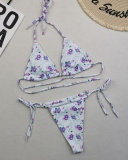 Sexy Halter Neck Florals Solid Colorful Tie Side String Two-piece Swimsuit S-XL