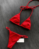 Lady Solid Color Halter V-Neck Two Piece Swimwear Red Blue S-L