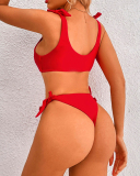 Women Red Strappy Solid Color High Waist Two-piece Swimsuit Bikini Red S-XL