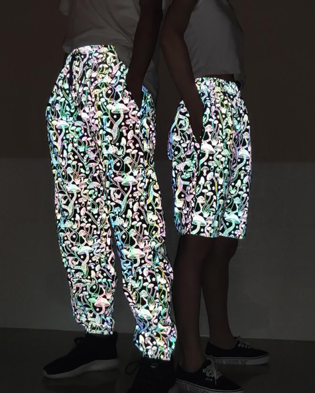 Ladies Fashion Cartoon Mushroom Print Color Reflective Pants Men's Hip Hop S-3XL