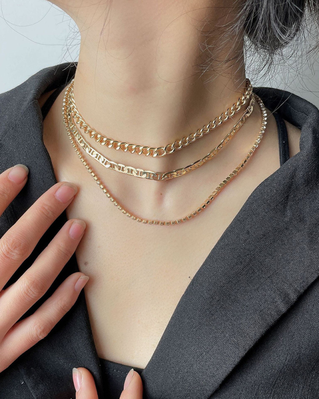 Punk 3 Layer Link Chain Gold Cuban Necklace Choker