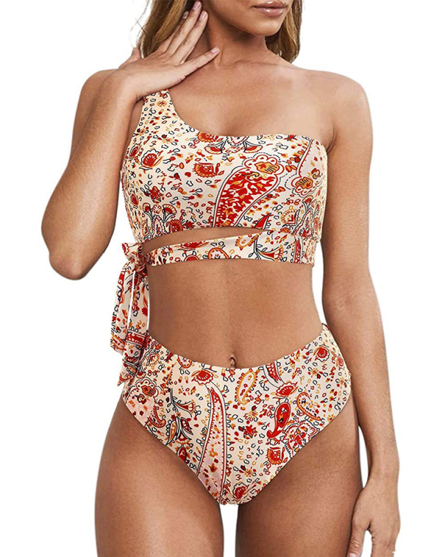 Hot Sale One Shoulder Strappy High Waist Women Sexy Two-piece Swimsuit S-2XL
