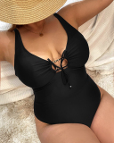 Lady Plus Size Solid Color Sexy One Piece Swimwear Red Black XL-4XL