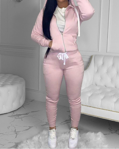 Women Long Sleeve Hoodies Zipper Slim Pants Sets Two Pieces Outfit Pink Yellow Orange Gray Black Rose Red Blue Brown Army Green Wine Red Khaki XS-5XL