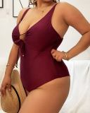 Lady Plus Size Solid Color Sexy One Piece Swimwear Red Black XL-4XL