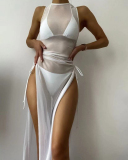 Lady Mesh See Through Halter Tie Side String Three Piece Swimwear White Yellow Red Black Green S-XL