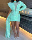 Women One Sleeve Mesh Patchwork Sequin Sexy Plus Size Dresses Mini Dresses White Pink Light Blue S-5XL