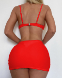 Lady Fashion Sexy Pleated Chest Gathered Drawstring Tight Three-Piece Bikini Swimsuit Solid Color S-L