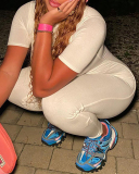Lady V-Neck Zipper Sporty Jumpsuit White Gray Black S-L 