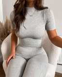 Lady V-Neck Zipper Sporty Jumpsuit White Gray Black S-L 