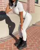 Lady V-Neck Zipper Sporty Jumpsuit White Gray Black S-L 
