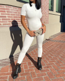 Lady V-Neck Zipper Sporty Jumpsuit White Gray Black S-L 