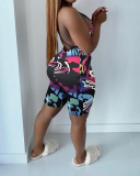 Women Sleeveless V-neck Stylish Pattern Print Backless Rompers Black White S-2XL